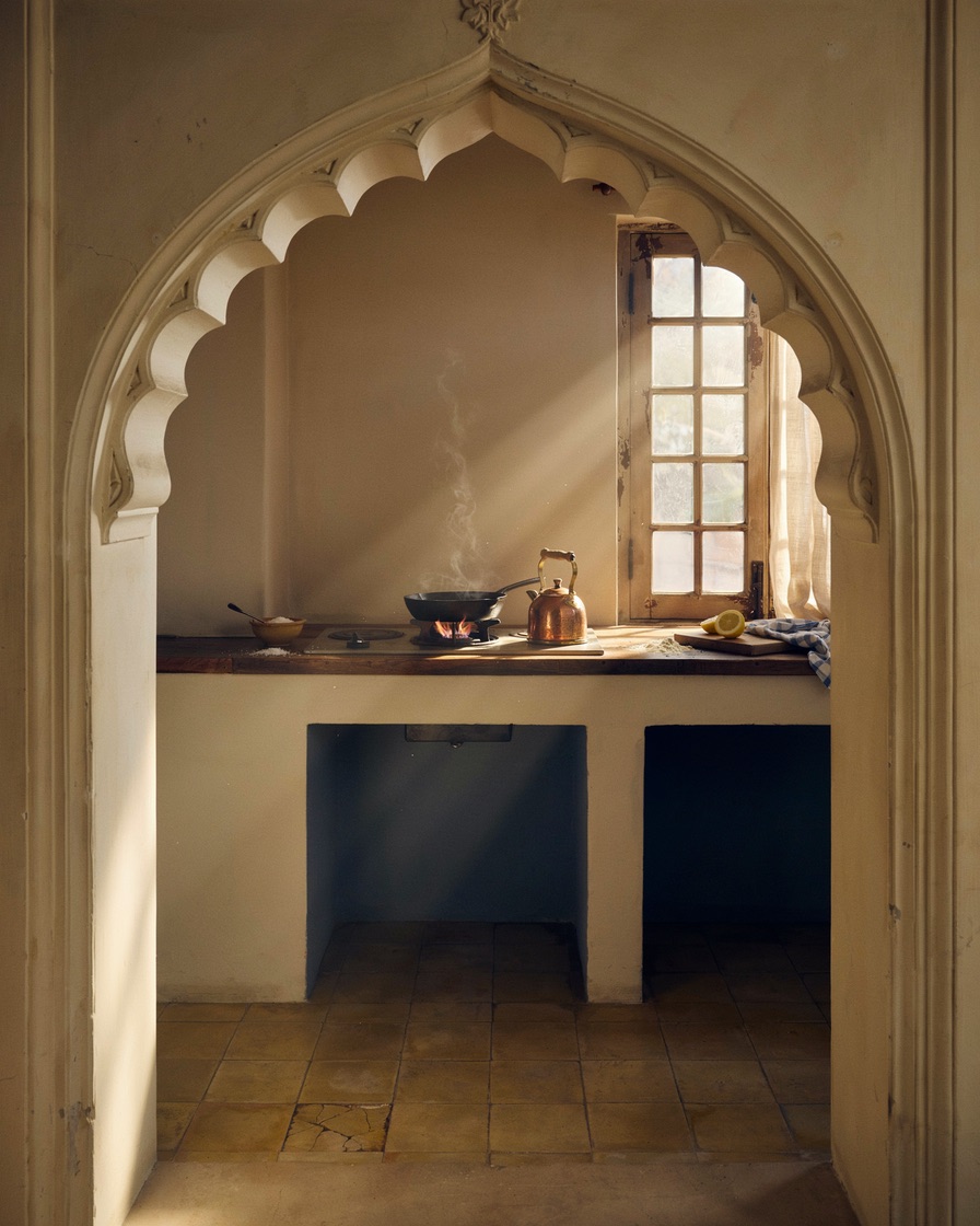 A Mughal archway opens onto a quiet domestic kitchen at dawn — the brand walking into the audience's life when the fifth wall dissolves. Breaking the Fifth Wall by Hana Mattar, Bombay Blanc.
